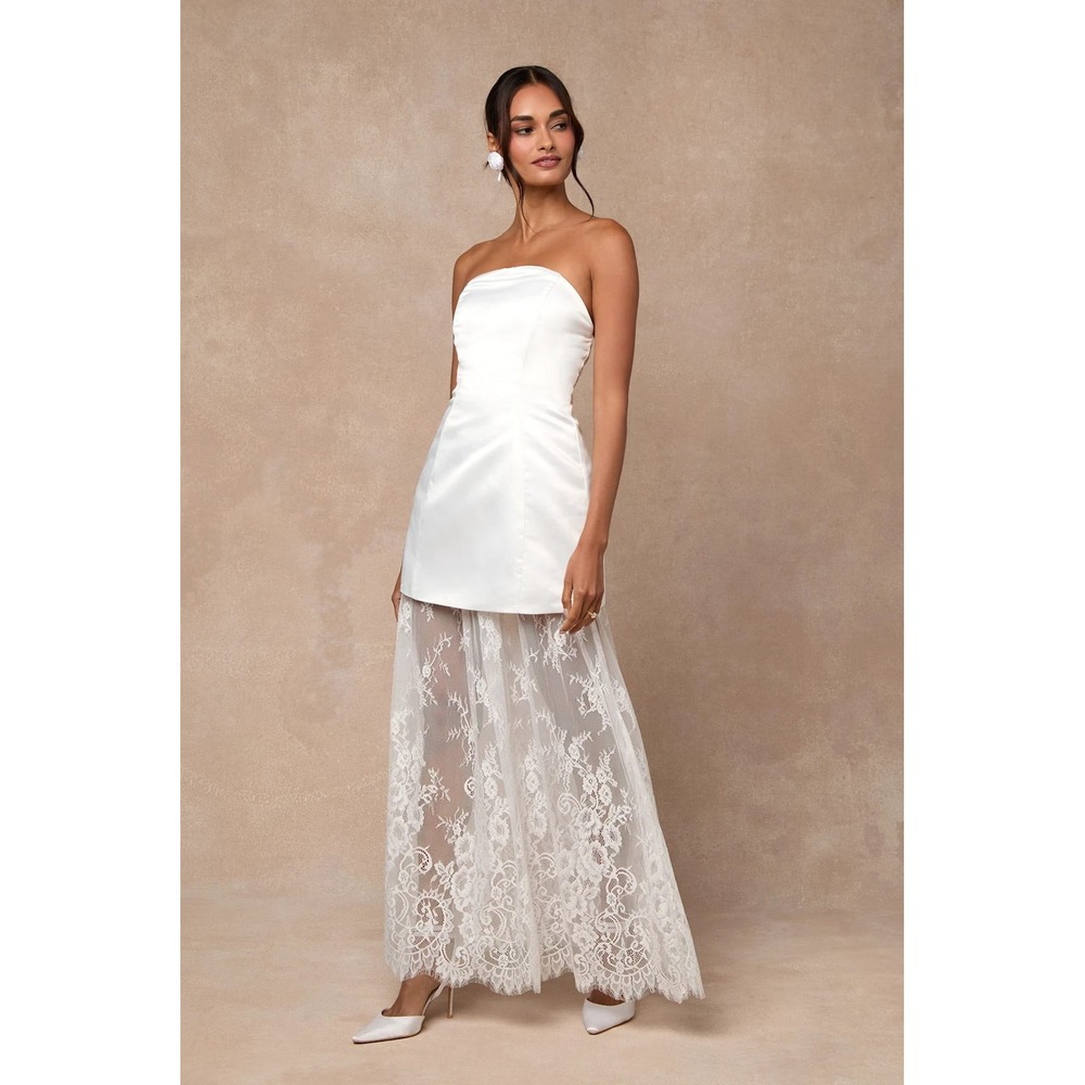 Lulus Winslet White Satin Sheer Hem Strapless Maxi Dress Satin & Lace Bridal  XS